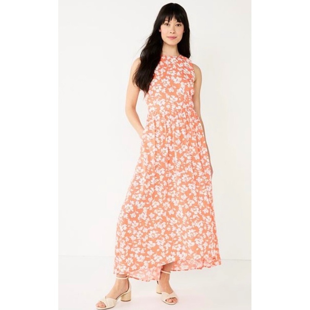 Draper James RSVP Orange Floral High Low Maxi Dress with Pockets Womens